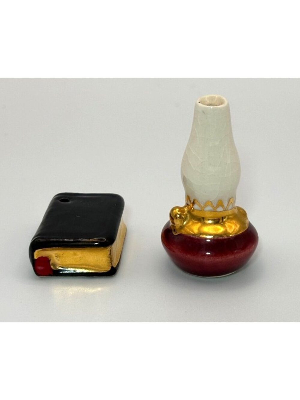 VTG Miniature Ceramic Lantern & Book Figurines Hand-Painted Gold/Red/Black